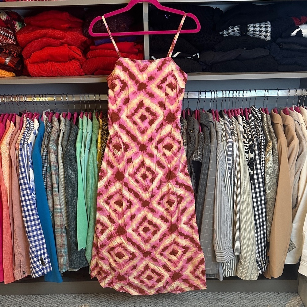 Japan pink/cream/brown print adjustable strap side zipper smocked midi dress S